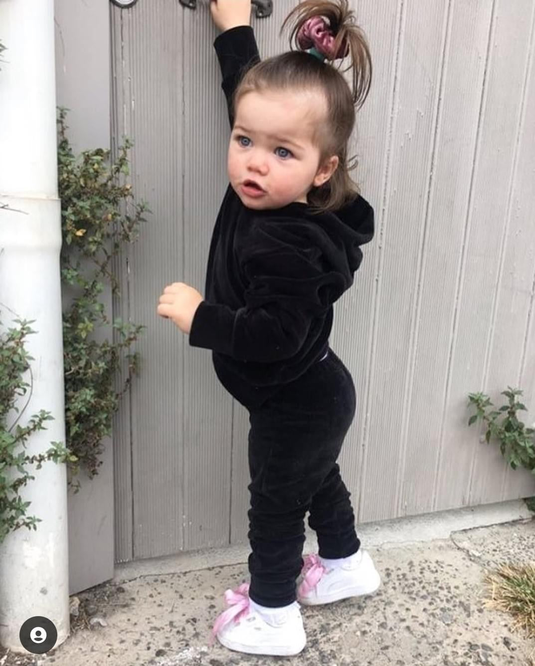 The Inknown Chidren girl in black velvet top and bottom set